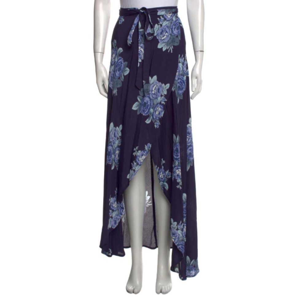 Reformation Navy Blue Floral Rose Wrap Long Maxi Skirt | XS